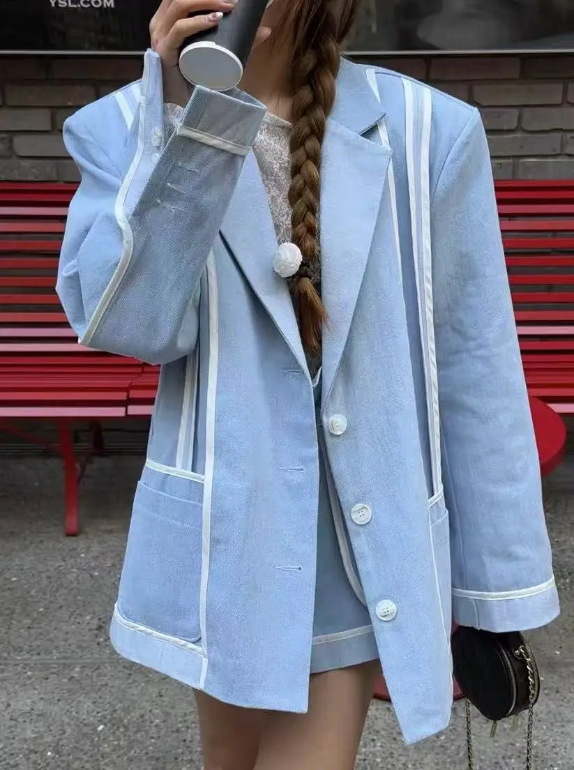 LIZAKOSHT  -  SuperAen Korean Style Design Patchwork Striped Suit for Women 2025 Autumn New Contrast Color Fashion Notched Blazer