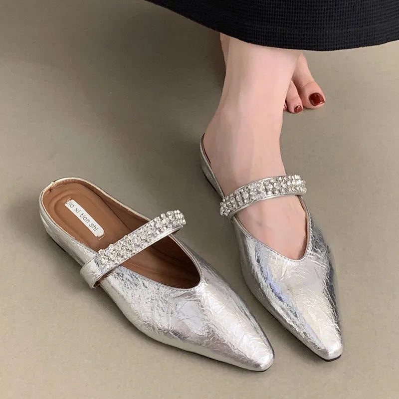 LIZAKOSHT  -  Bling Crystal Flat Heel Slippers Mules Women Wrap Toe Banquet Stiletto Sandals New Summer Luxury Formal Party Shoes Female Slide