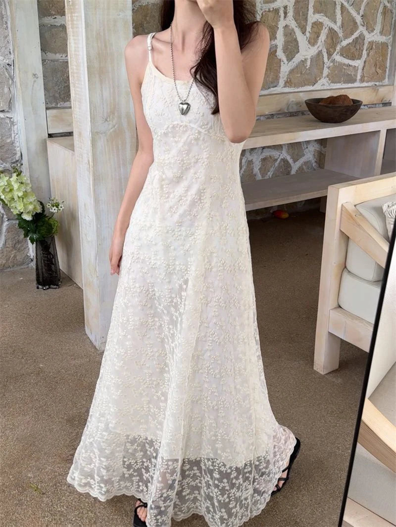 LIZAKOSHT  -  Adjustable Strap Embroidered Dress Women White Sweet Slim Blackless Camis Dress Sexy Off Shoulder Vacation Beach Party Vestidos