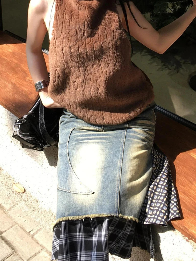 LIZAKOSHT  -  Women's A-line Plaid Skirt Vintage Aesthetic Y2k Asymmetrical Skirt Harajuku Streetwear Emo Mini Skirt 2000s Clothes Summer 2024