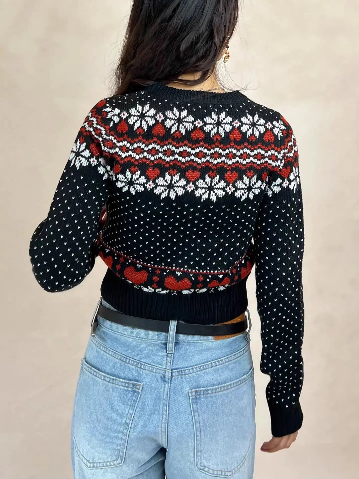 LIZAKOSHT  -  Geometric Jacquard Sweater Cardigan Woman O-neck Long Sleeve Slim Crop Top Female Casual Vintage Sweet Sweaters Autumn New Coat