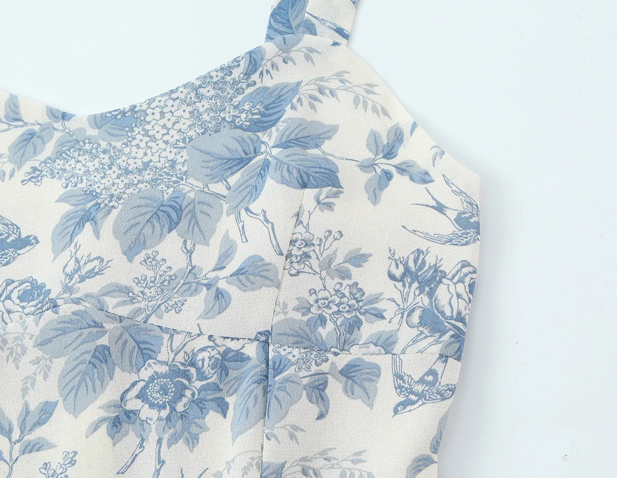 LIZAKOSHT  -  Vintage French Bird Floral Print Tank Dress Women V neck Slim Waist Folds Ruffles Hem Midi Long A-line Swing Dresses Vestidos