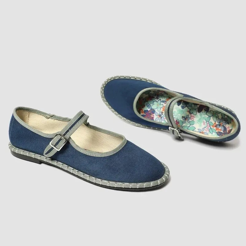 LIZAKOSHT  -  Velvet Round Toe Casual Flats Women Sewing Lightweight Brand Mary Jane Shoe Buckle Print Insole Comfort Retro Ballet Flats Women