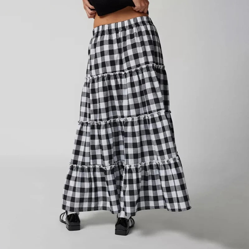 LIZAKOSHT  -  Y2k Women Gingham Tiered Maxi Skirts A Line Ruffle Plaid Midi Skirt Summer Beach Casual Loose Flowy Long Skirt