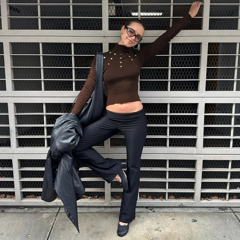 LIZAKOSHT  -  Woman Clothes Ribbed T-shirt Fashion Casual Half High Collar Buttons Cropped Tops High Street Female Long Sleeve T Shirts