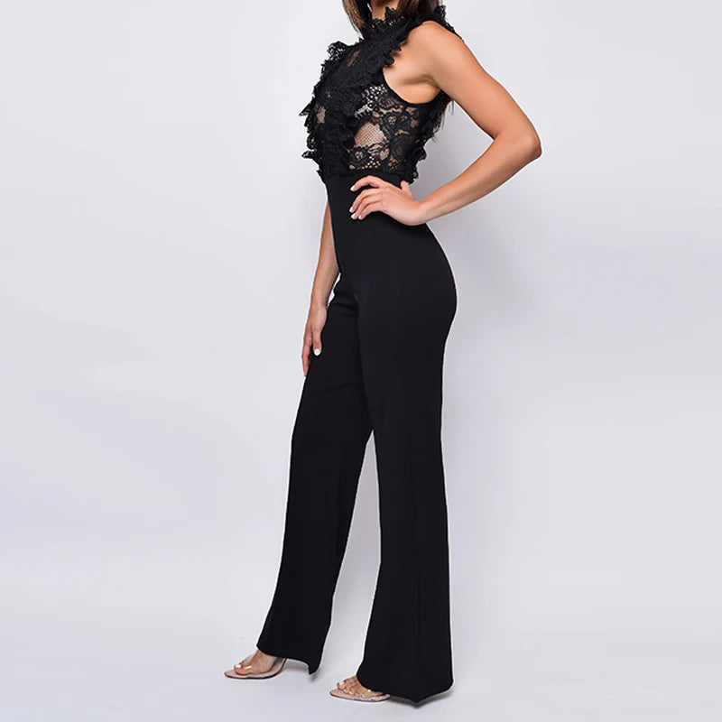 LIZAKOSHT  -  Stand Collar Sleeveless One Piece Jumpsuits Sexy Lace Patchwork Sheer Straight Rompers Women Elegant Waist Solid Long Playsuits
