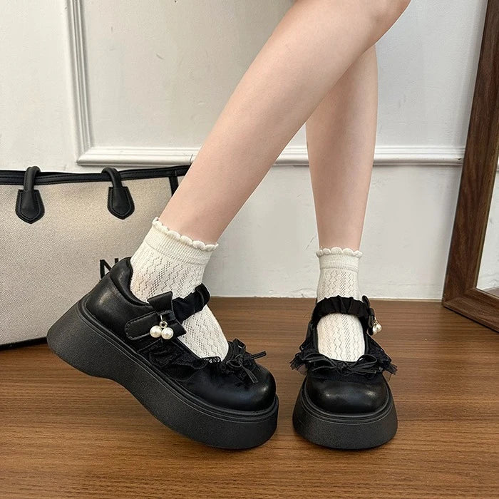 LIZAKOSHT  -  British Style Vintage Women Mary Jane Shoes Concise Butterfly-knot Single Shoes Ladies Height Increase Dress Leather Pumps