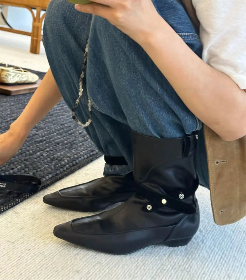 LIZAKOSHT  -  Winter New Suede Ankle Boots Women Fashion Retro Pointed Toe Belt Buckle Design Wedge Cowboy Boots Botines Para Mujeres