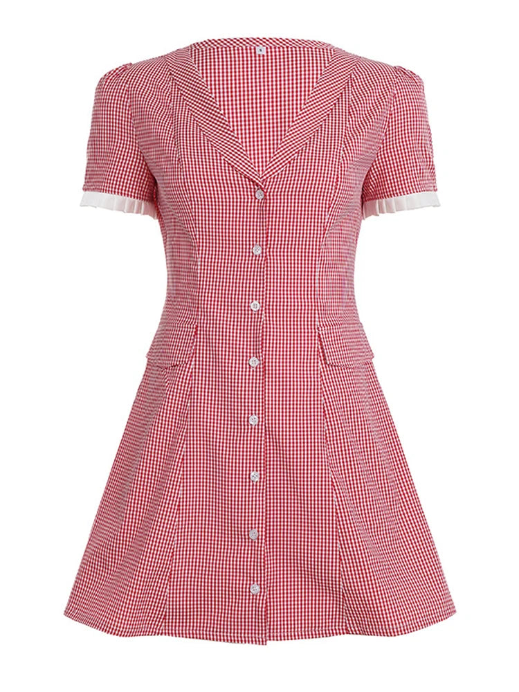 LIZAKOSHT  -  Women's Plaid Contrast A-line Mini Dress Casual Short Sleeve V Neck Vintage Short Dresses New Casual Female Chic Vestidos