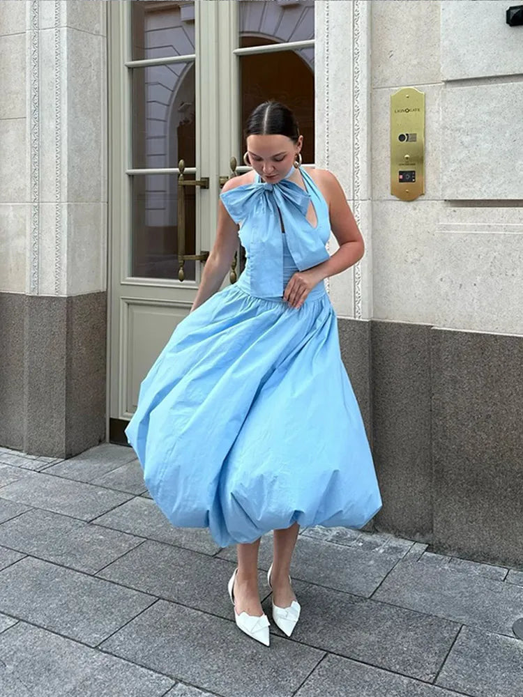 LIZAKOSHT  -  Blue Chic Women's Pleated Halter Lace Up Midi Dress Elegant Backless Sleeveless High Waist A-line Robe Lady 2024 Street Vestido