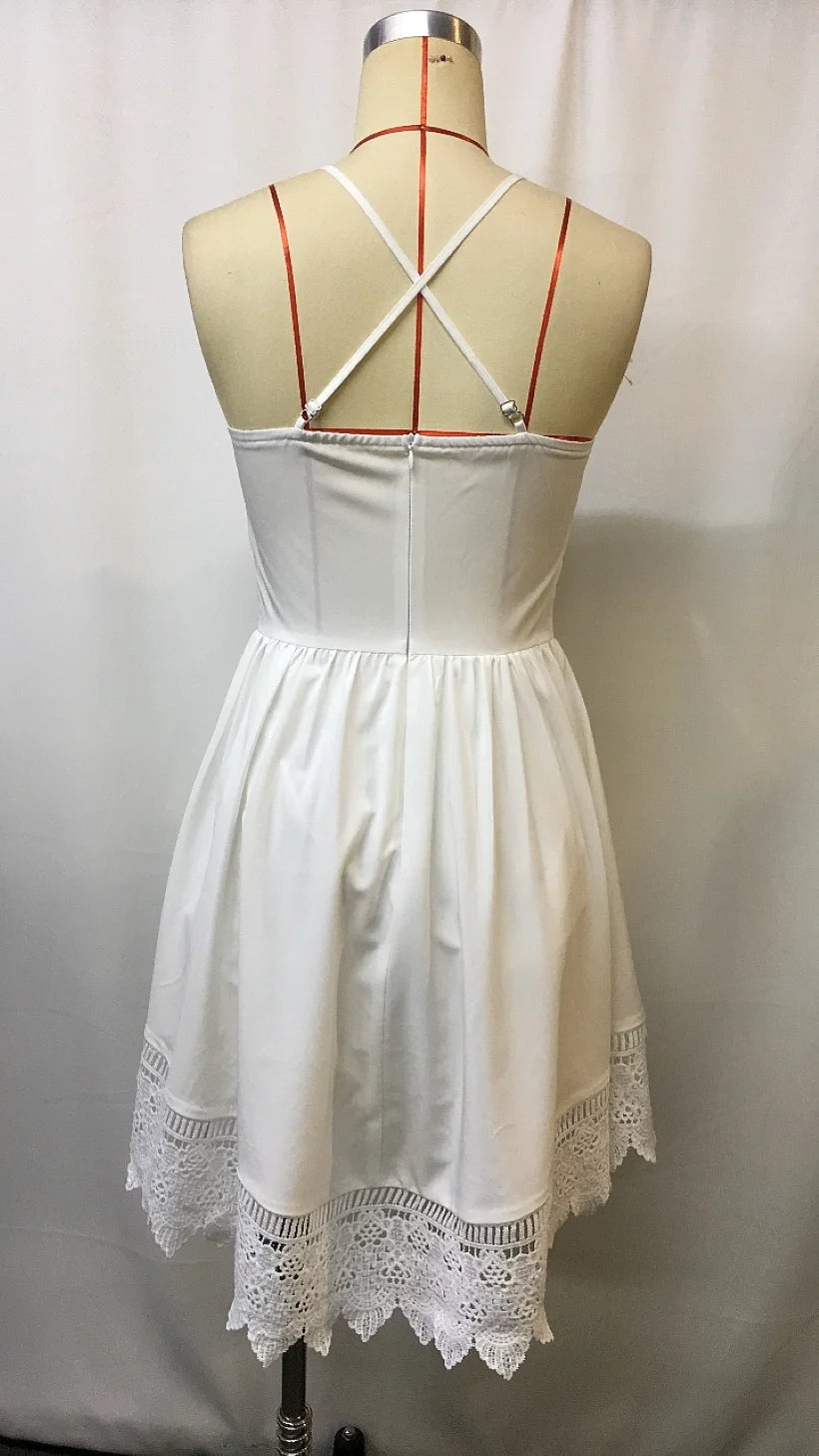 LIZAKOSHT  -  Elegant Bohemian White Lace Dress V Neck Suspender Midi Bridal Guest Party Wear Summer Wedding Reception Formal Evening Gow