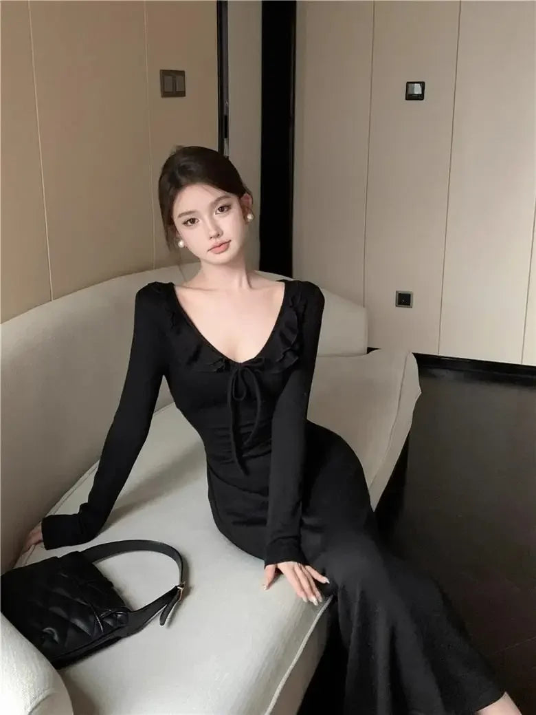 LIZAKOSHT  -  V-neck Lotus Leaf Dress Women's Strappy Waist Long-sleeved Gentle Style A-line Long Skirt