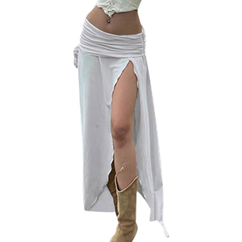 LIZAKOSHT  -  Ruched Long Skirt Women y2k Clothes Solid Color Ruched Waist Side Split Skirt Skirt Summer Party Skirts Streetwear