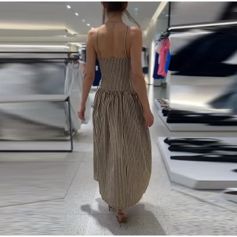 LIZAKOSHT  -  Striped Spaghetti Strap Drop Waist Midi Dress Sleeveless Bustier Summer Casual Women Vestido Chic Fashion Lady Vestido