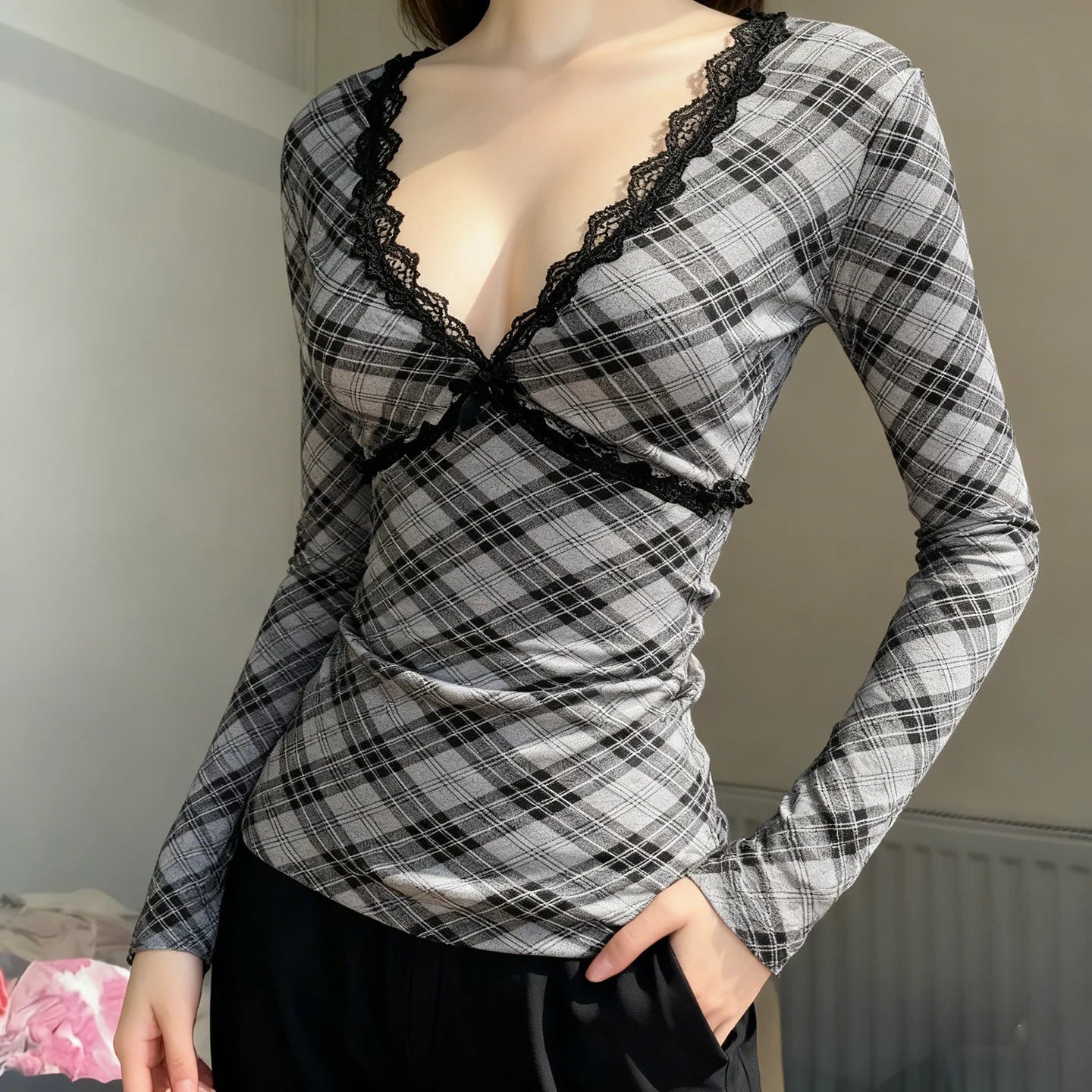 LIZAKOSHT  -  Y2K Lace Lace T Shirt Women Deep V Neck Plaid Long Sleeve Slim Fit Slimming Fashion Inner Top Pure Desire Sweet Style