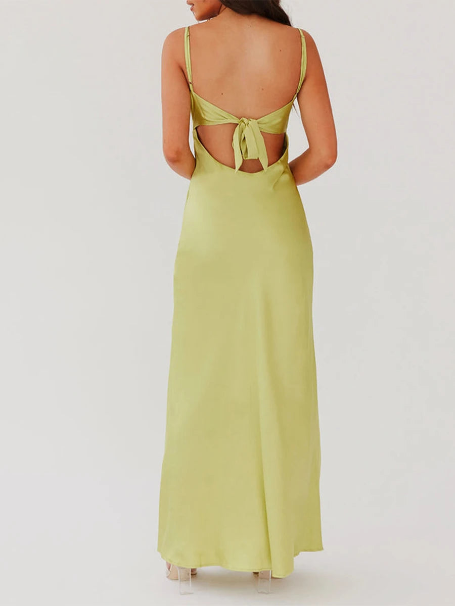 LIZAKOSHT  -  Women Cami Dress Solid Color Sleeveless Tie-Up Front Sleeveless Backless Dress Long Dress Summer Casual Spaghetti Strap Dress