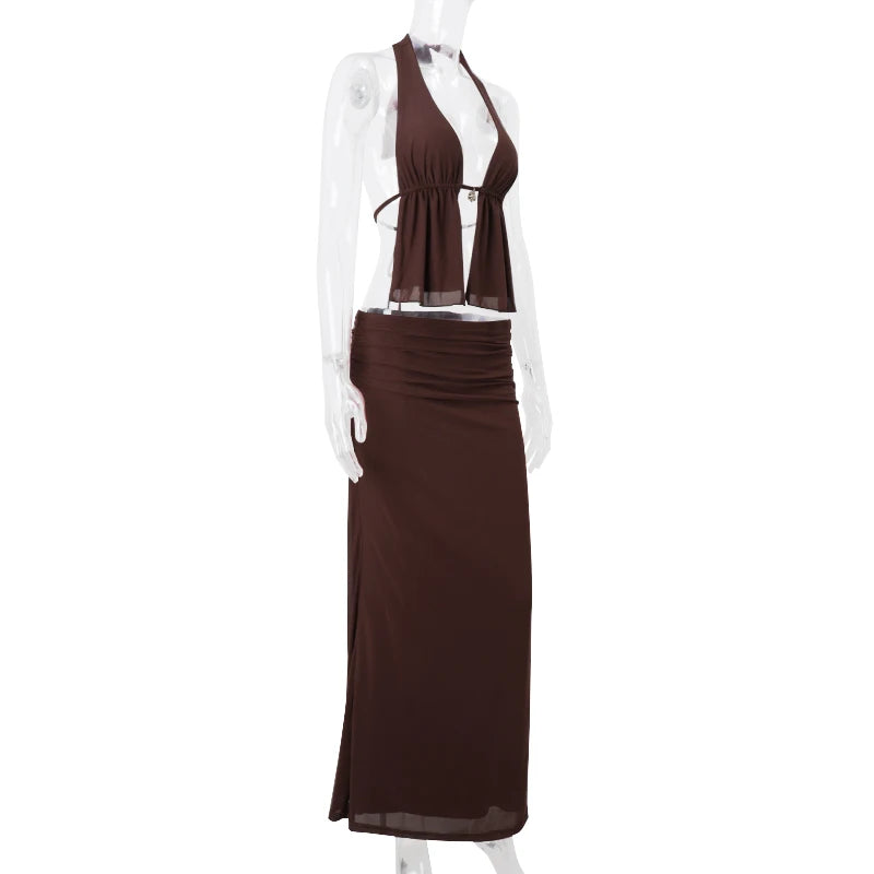 LIZAKOSHT  -  Sexy Halter Backless Bandage Hollow Out Tops and Slim Mesh Maxi Skirt Y2K Summer Fashion Evening Women 2 Pieces Set