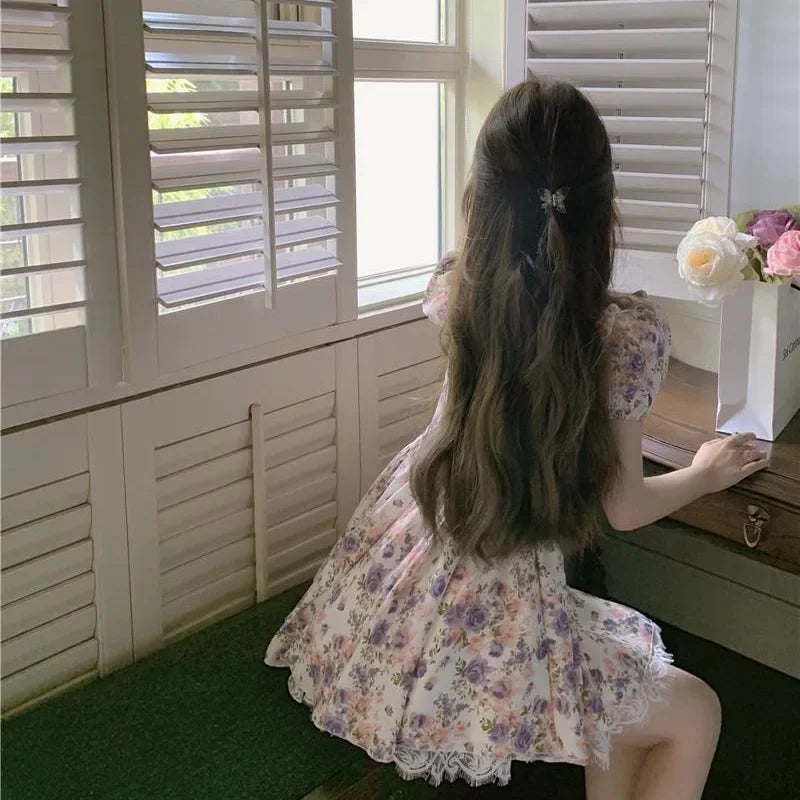 LIZAKOSHT  -  French Vintage Summer Floral Short Sleeve Square Collar One Shoulder Dress Waist Cinched Bubble Sleeve Chiffon Mini Dress