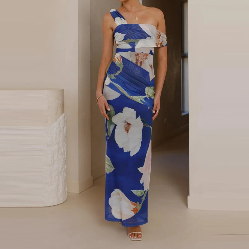 LIZAKOSHT  -  Pattern printed women's temperament slim fit dress casual vacation elegant off shoulder fashion party long dress