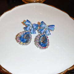 Lizakosht Minar Luxury Shiny Blue Color Crystal Rhinestones Bowknot Water Drop Earring for Women Hanging Dangle Earrings Bridal Jewelry