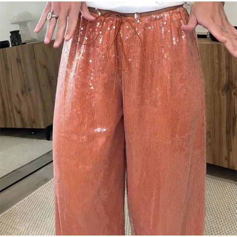 LIZAKOSHT  -  Chic Sequined Long Pants For Women High Waist  Lace Up Ankle-length Loose Trousers 2025 Spring Summer Fashion Female Y2k Pant