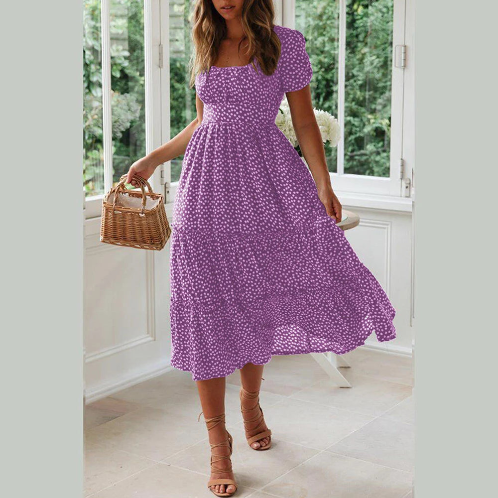 LIZAKOSHT  -  Women Floral Printed Boho Kaftan Midi Dress Ladies O-Neck Short Sleeve Summer Holiday Beach Swing A-Line Sundress