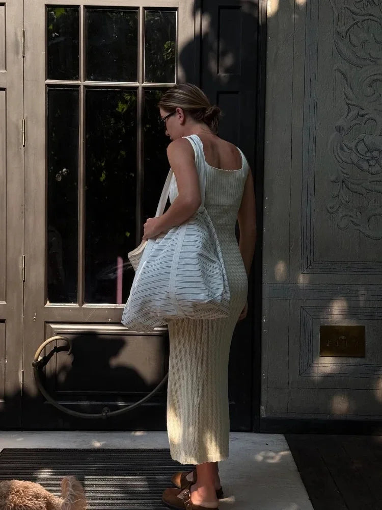 LIZAKOSHT  -  Knitted Tube Long Dress For Women Hollow Out V-neck Sleeveless Waist Cinching Slip Robe 2025 Autumn Elegant Female Party Dresses