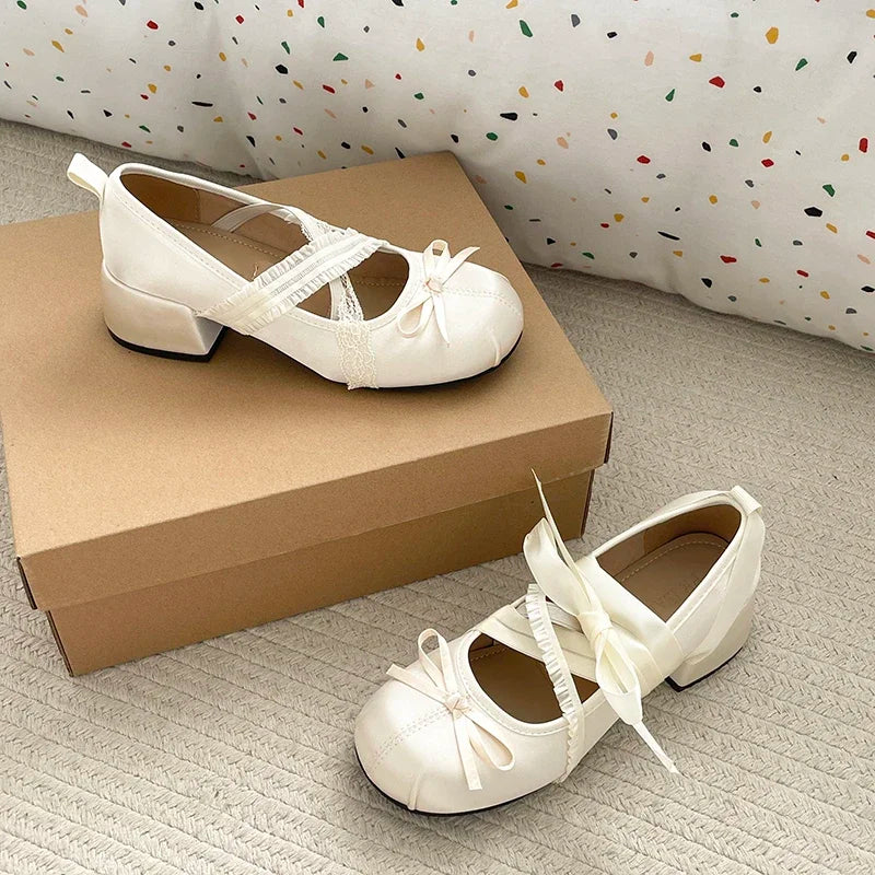 LIZAKOSHT  -  Lace Cross Strap Women Mary Jane Shoes Fashion Sweet Butterfly-knot Thick Heel Shoes Spring Autumn Ladies Elegant Dress Pumps