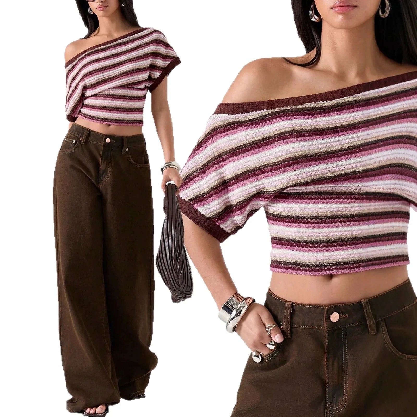 LIZAKOSHT  -  Colorful Bohemian Y2K Spicy Retro Hollow Knitted T-Shirt Asymmetrical Shoulder Line Batswing Sleeve Waist Cinched Top