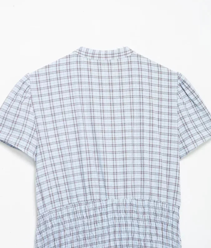 LIZAKOSHT  -  Plaid Waist Cinching A-line Dress Women Casual Short Sleeve V-neck Layered Pleated Mini Dresses Lady Holiday Street Robes