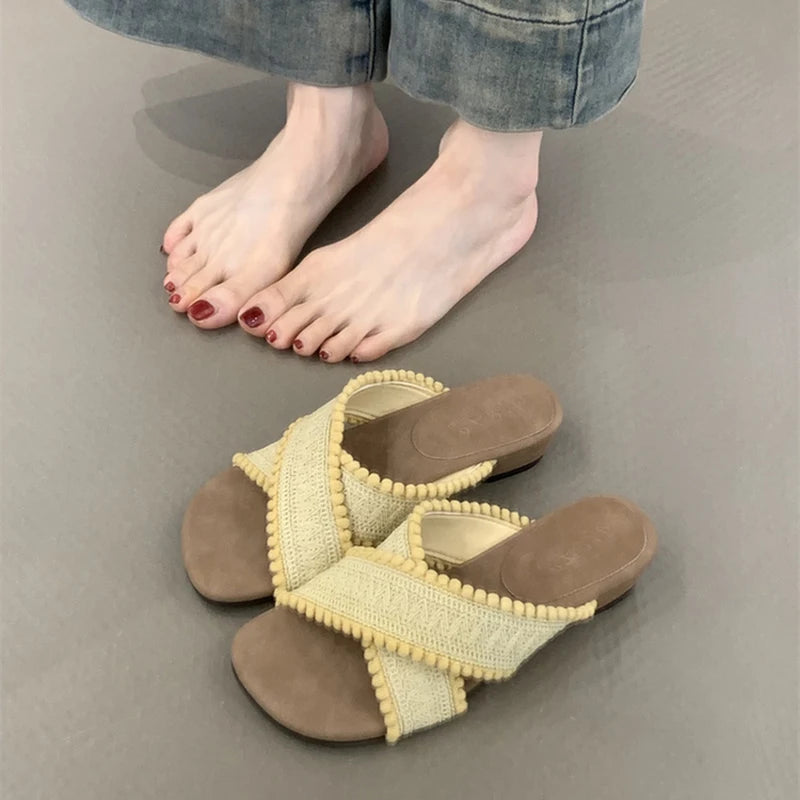 LIZAKOSHT  -  Summer Women Fashion Weave Cross Slippers Casual Comfort Wedges Heel Beach Vacation Slides Shoes