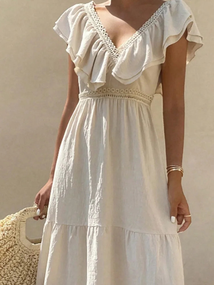 LIZAKOSHT  -  Fashion Double V-neck Solid Color Dress Elegant High Waist Hollow Out Party Dress Summer New Bohemian Style Beach Vacation Dress