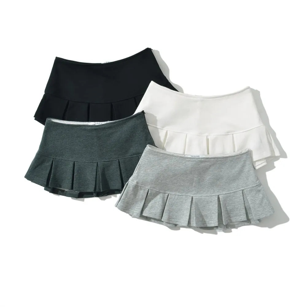 LIZAKOSHT  -  4 COLORS Y2K Side Zipper Grey Pleated Mini Skirt Sexy Low Waist Short Skater Skirts with shorts underwear