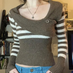 LIZAKOSHT  -  Sweater Contrast Striped Diagonal Collar American Retro Female Slim Slim Hot Girl Sweater Short Coat Tide