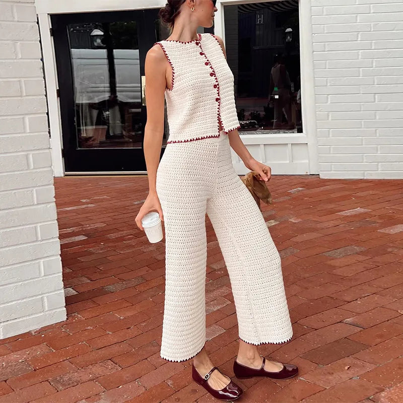 LIZAKOSHT  -  New Casual Round Neck Knitted Sleeveless Vest High Waisted Pants Casual Suit Cute Knitted Cardigan Tops Elastic Pants