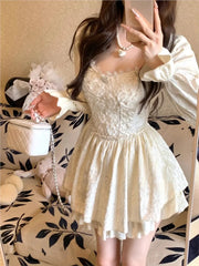 LIZAKOSHT  -  French Sweet Lace Spliced Princess Dress Autumn Long Sleeve Square Collar Beading Vestidos Elegant Retro Evening Party Clothing