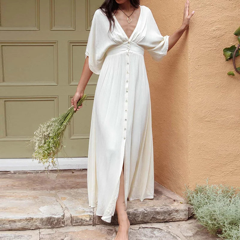 LIZAKOSHT  -  Half Sleeve Elegant Loungewear Party Dress, Women Spring Summer Single-Breasted Maxi Dress, New Deep V-Neck Holiday Ladies Dress