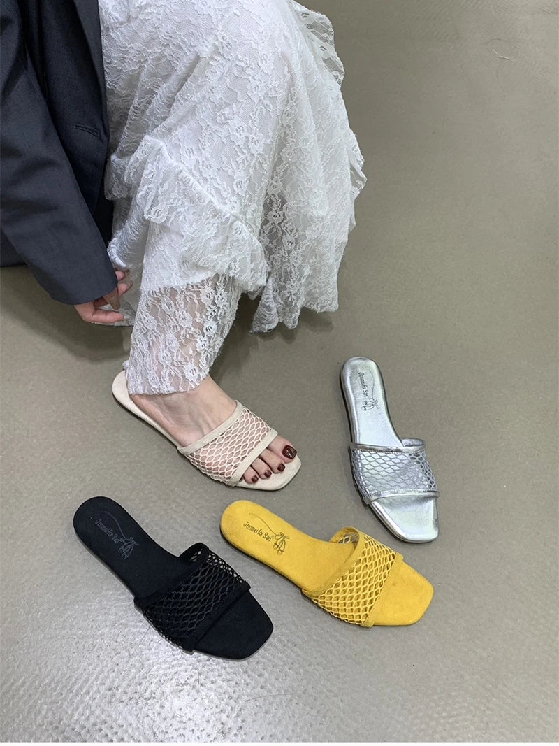 LIZAKOSHT  -  Summer Hollow Out Women Slippers Concise Open Toe Soft Sole Flats Slide Ladies Outdoor Dress Sandalias