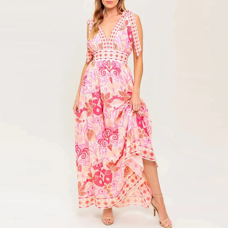 LIZAKOSHT  -  Sexy V-neck Women Vacation Long Dress Summer Casual Sleeveless Hight Waist Party Dress Elegant Print Draped Bow Maxi Dress