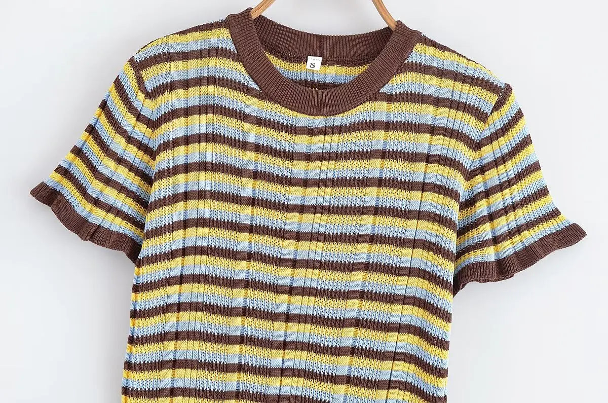 LIZAKOSHT  -  Summer Women's T-Shirt Tops 2025 New Chic Elastic Slim O-neck Striped Tops Women's Street Fashion Joker Youth Knitted T-Shirt