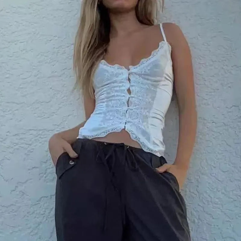 LIZAKOSHT  -  Lace Border V-neck Button Patch Thin Shoulder Strap Women's Summer White Elegant Sexy Short Versatile Single Breasted Button Top