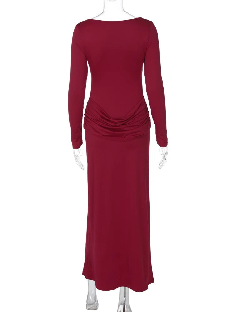 LIZAKOSHT  -  2025 Autumn Mesh Patchwork Ruched Long Dress Women's Elegant Long Sleeve Slim Evening Dresses Party Prom Gown Streetwear