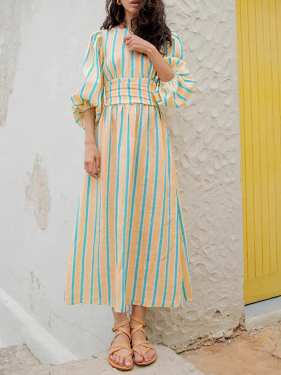LIZAKOSHT  -  Women Fashion Midi Dress Vintage Striped Print Contrasting Lantern Sleeve Backless Tie-up Waist A-Line Dress Casual Streetwear