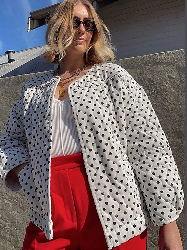 LIZAKOSHT  -  Polka Dot Cotton Jacket Women Long Sleeve O-neck Thicken Warm Autumn Female Coat Lined Winter Casual Street Outwear Top