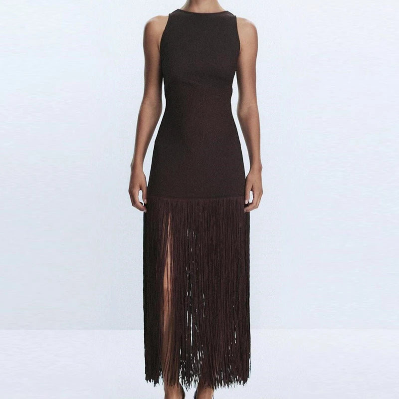 LIZAKOSHT  -  Elegant Sleeveless Hight Waist Slim Party Dress Casual O-neck Solid Wrap Hip Dresses Fringed Splicing Fashion Women's Long Dress