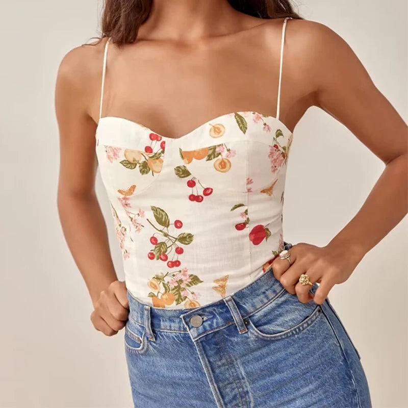 LIZAKOSHT  -  New Women French Style Floral Print Chiffon Camis Sexy Sleeveless Female Holiday Summer Chic Crop Top