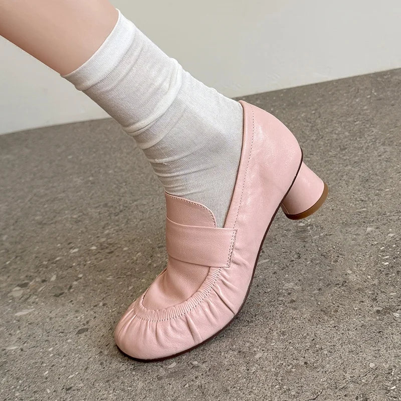 LIZAKOSHT  -  Fashion Loafers Women's New High Quality Genuine Soft Leather Shoes Round Head Ruched  High Heels Casual Shoes Women