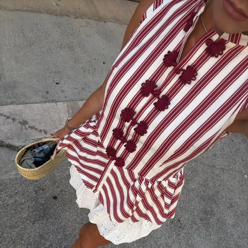 LIZAKOSHT  -  Striped Mandarin Collar Frog Button Ruffle Trim Top Striped Single‑breasted Summer Women Blouse Versatile Casual Lady Office Top