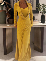 LIZAKOSHT  -  Hipster Swing Collar Long Dress Woman Full Sleeve Prom Party Casual Elegant Skinny High Stretch Midnight Ruched Vestidos