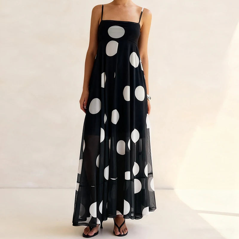 LIZAKOSHT  -  Retro Polka Dot Maxi Dress Elegant Lady Spaghetti Strap Flowy Dresses for Women Summer Vacation Brunch Outfits
